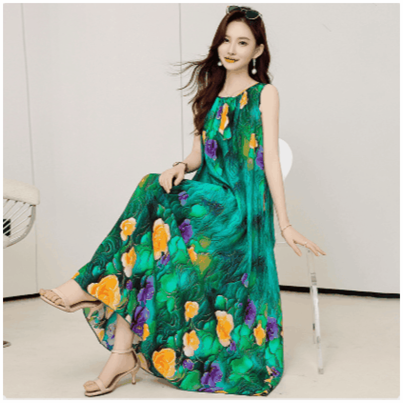 棉綢印花連衣裙